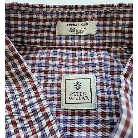 Peter Millar Dress Shirt Men’s XL Maroon Blue Plaid Check 100% Cotton Button Up - Picture 3 of 12
